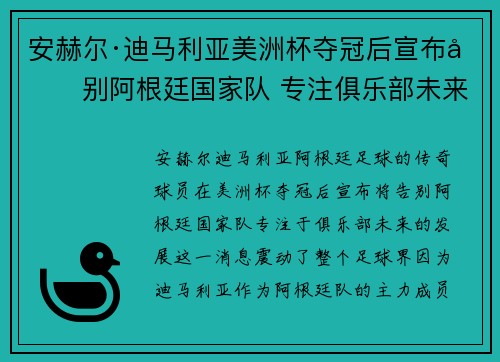 安赫尔·迪马利亚美洲杯夺冠后宣布告别阿根廷国家队 专注俱乐部未来