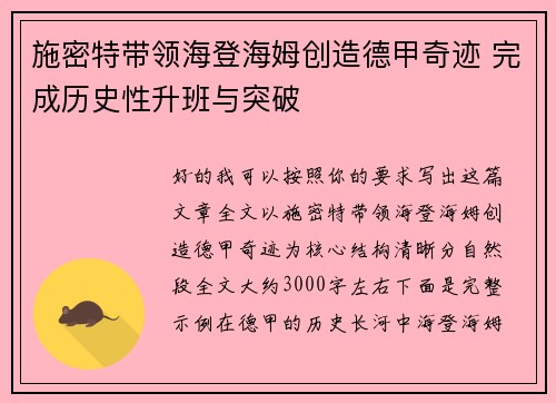 施密特带领海登海姆创造德甲奇迹 完成历史性升班与突破