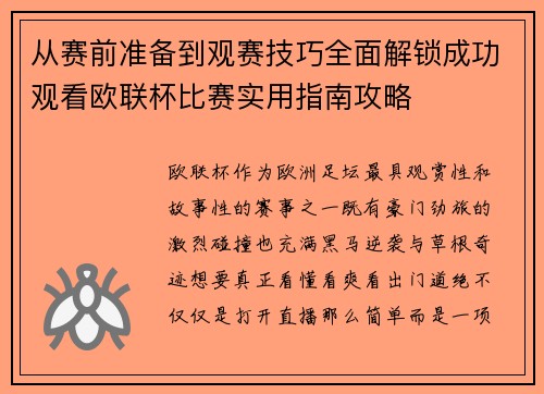 从赛前准备到观赛技巧全面解锁成功观看欧联杯比赛实用指南攻略 从赛前准备到观赛技巧全面解锁成功观看欧联杯比赛实用指南攻略